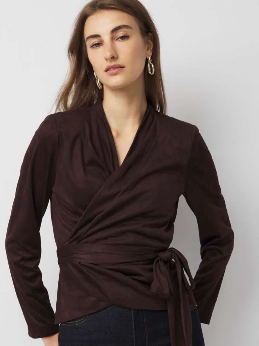 Whbm Chocolate Brown Faux Suede Wrap Blouse